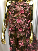 3D Embroided Flower Pattern Fabric with Two Tone Leaf Color Pink on Black Mesh Elegant Flowers 1YARD