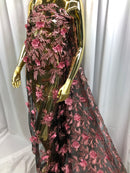 3D Embroided Flower Pattern Fabric with Two Tone Leaf Color Pink on Black Mesh Elegant Flowers 1YARD