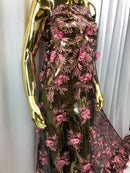 3D Embroided Flower Pattern Fabric with Two Tone Leaf Color Pink on Black Mesh Elegant Flowers 1YARD