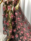 3D Embroided Flower Pattern Fabric with Two Tone Leaf Color Pink on Black Mesh Elegant Flowers 1YARD
