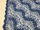 Royal Blue - Beaded Embroidery Wavy Flower Pattern Fabric Lace Elegant Dress Fabric By The Yard