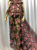 3D Embroided Flower Pattern Fabric with Two Tone Leaf Color Pink on Black Mesh Elegant Flowers 1YARD