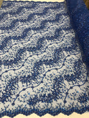 Royal Blue - Beaded Embroidery Wavy Flower Pattern Fabric Lace Elegant Dress Fabric By The Yard