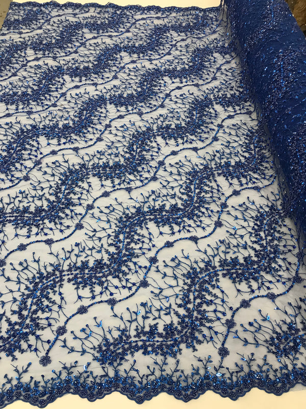 Royal Blue - Beaded Embroidery Wavy Flower Pattern Fabric Lace Elegant Dress Fabric By The Yard