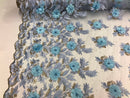 3D Embroided Flower Pattern Fabric with Two Tone Leaf Color Baby Blue - Fabric By The Yard