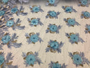 3D Embroided Flower Pattern Fabric with Two Tone Leaf Color Baby Blue - Fabric By The Yard