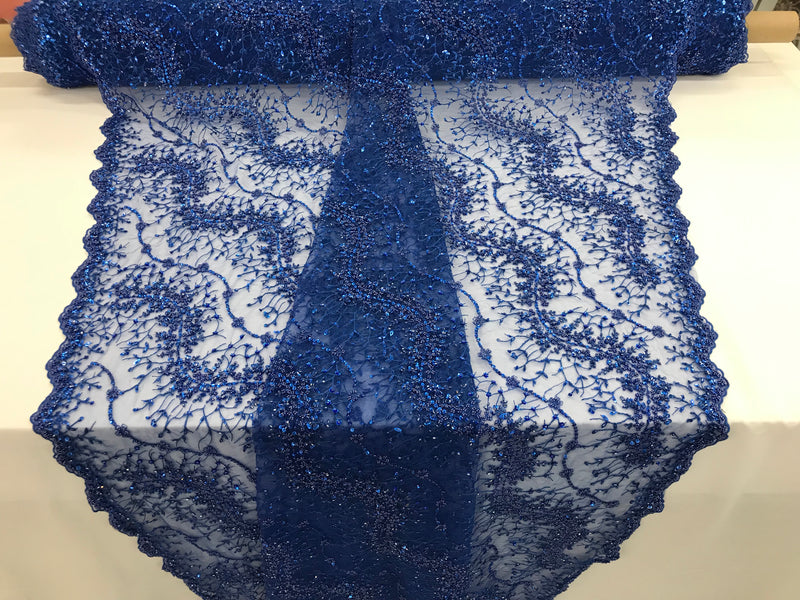 Royal Blue - Beaded Embroidery Wavy Flower Pattern Fabric Lace Elegant