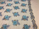 3D Embroided Flower Pattern Fabric with Two Tone Leaf Color Baby Blue - Fabric By The Yard