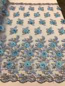 3D Embroided Flower Pattern Fabric with Two Tone Leaf Color Baby Blue - Fabric By The Yard