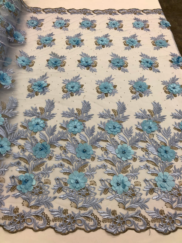 3D Embroided Flower Pattern Fabric with Two Tone Leaf Color Baby Blue - Fabric By The Yard