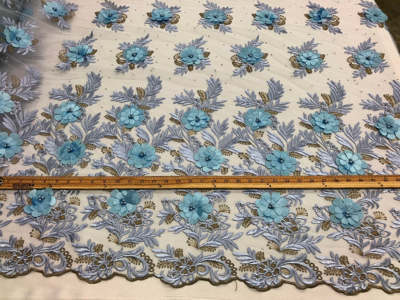 3D Embroided Flower Pattern Fabric with Two Tone Leaf Color Baby Blue - Fabric By The Yard
