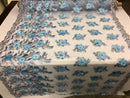 3D Embroided Flower Pattern Fabric with Two Tone Leaf Color Baby Blue - Fabric By The Yard