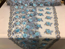 3D Embroided Flower Pattern Fabric with Two Tone Leaf Color Baby Blue - Fabric By The Yard