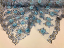 3D Embroided Flower Pattern Fabric with Two Tone Leaf Color Baby Blue - Fabric By The Yard