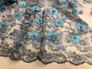 3D Embroided Flower Pattern Fabric with Two Tone Leaf Color Baby Blue - Fabric By The Yard