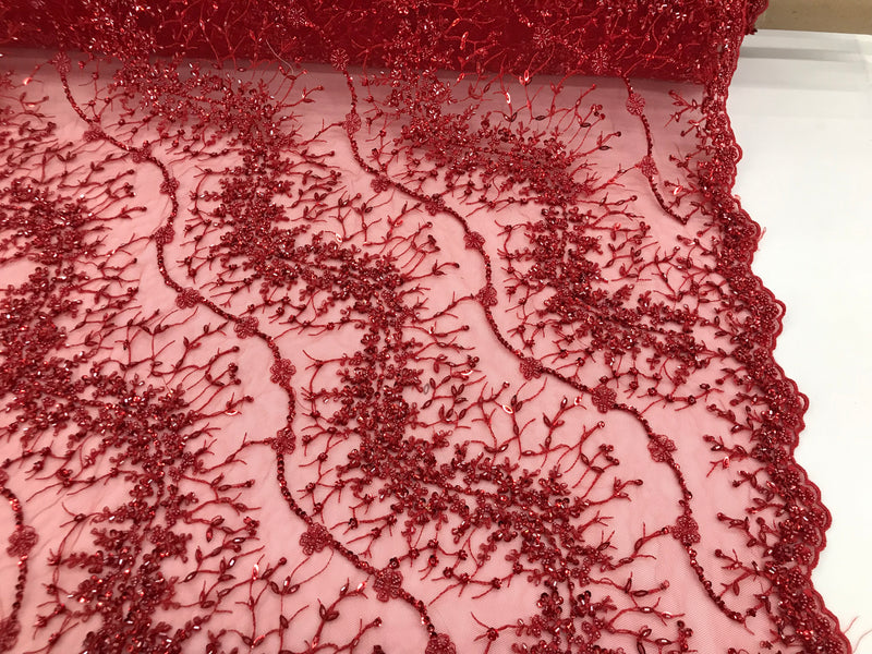 Red - Beaded Embroidery Wavy Flower Pattern Fabric Lace Elegant Dress Fabric By The Yard