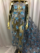 3D Embroided Flower Pattern Fabric with Two Tone Leaf Color Baby Blue - Fabric By The Yard