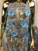 3D Embroided Flower Pattern Fabric with Two Tone Leaf Color Baby Blue - Fabric By The Yard