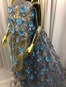 3D Embroided Flower Pattern Fabric with Two Tone Leaf Color Baby Blue - Fabric By The Yard