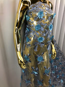 3D Embroided Flower Pattern Fabric with Two Tone Leaf Color Baby Blue - Fabric By The Yard