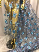 3D Embroided Flower Pattern Fabric with Two Tone Leaf Color Baby Blue - Fabric By The Yard