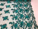 3D Embroided Flower Pattern Fabric with Two Tone Leaf Color Teal - Elegant 3D Flowers By The Yard