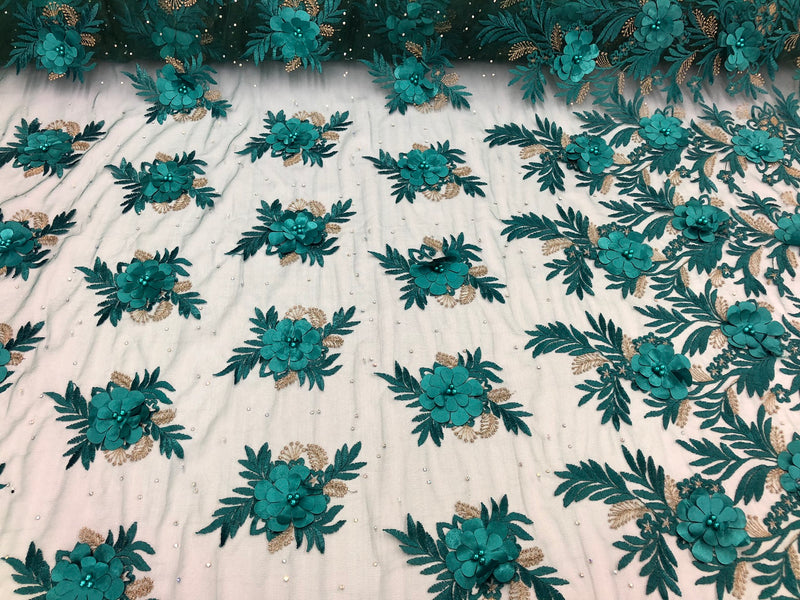 3D Embroided Flower Pattern Fabric with Two Tone Leaf Color Teal - Elegant 3D Flowers By The Yard