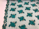 3D Embroided Flower Pattern Fabric with Two Tone Leaf Color Teal - Elegant 3D Flowers By The Yard