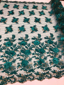 3D Embroided Flower Pattern Fabric with Two Tone Leaf Color Teal - Elegant 3D Flowers By The Yard