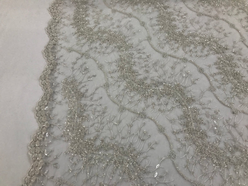 White - Beaded Embroidery Wavy Flower Pattern Fabric Lace Elegant Dress Fabric By The Yard