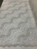 White - Beaded Embroidery Wavy Flower Pattern Fabric Lace Elegant Dress Fabric By The Yard