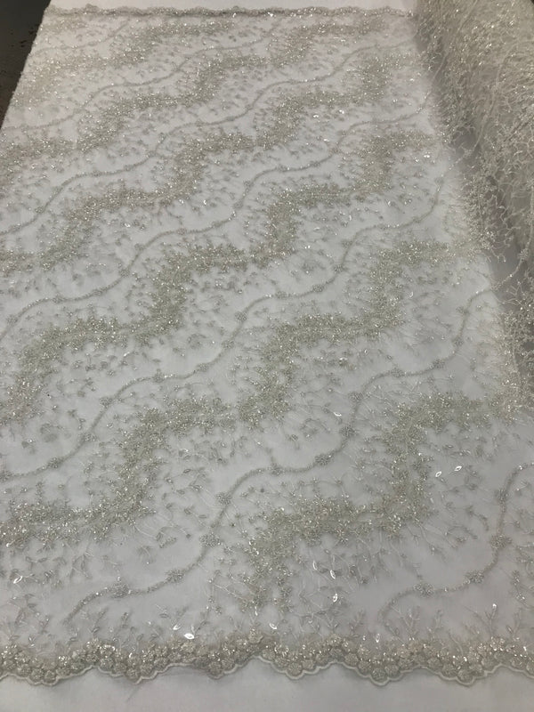 White - Beaded Embroidery Wavy Flower Pattern Fabric Lace Elegant Dress Fabric By The Yard