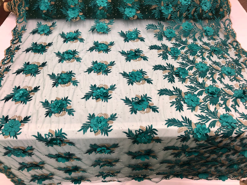 3D Embroided Flower Pattern Fabric with Two Tone Leaf Color Teal - Elegant 3D Flowers By The Yard