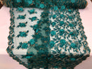 3D Embroided Flower Pattern Fabric with Two Tone Leaf Color Teal - Elegant 3D Flowers By The Yard