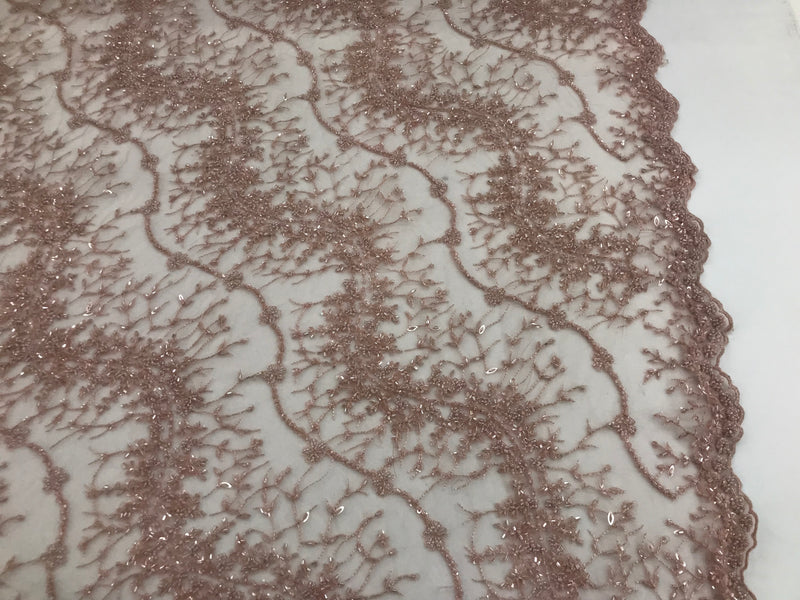 Blush - Beaded Embroidery Wavy Flower Pattern Fabric Lace Elegant Dress Fabric By The Yard