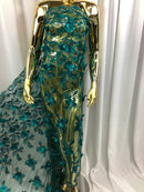 3D Embroided Flower Pattern Fabric with Two Tone Leaf Color Teal - Elegant 3D Flowers By The Yard