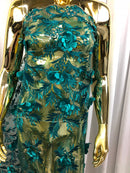 3D Embroided Flower Pattern Fabric with Two Tone Leaf Color Teal - Elegant 3D Flowers By The Yard