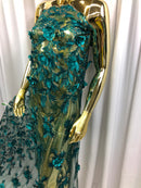 3D Embroided Flower Pattern Fabric with Two Tone Leaf Color Teal - Elegant 3D Flowers By The Yard