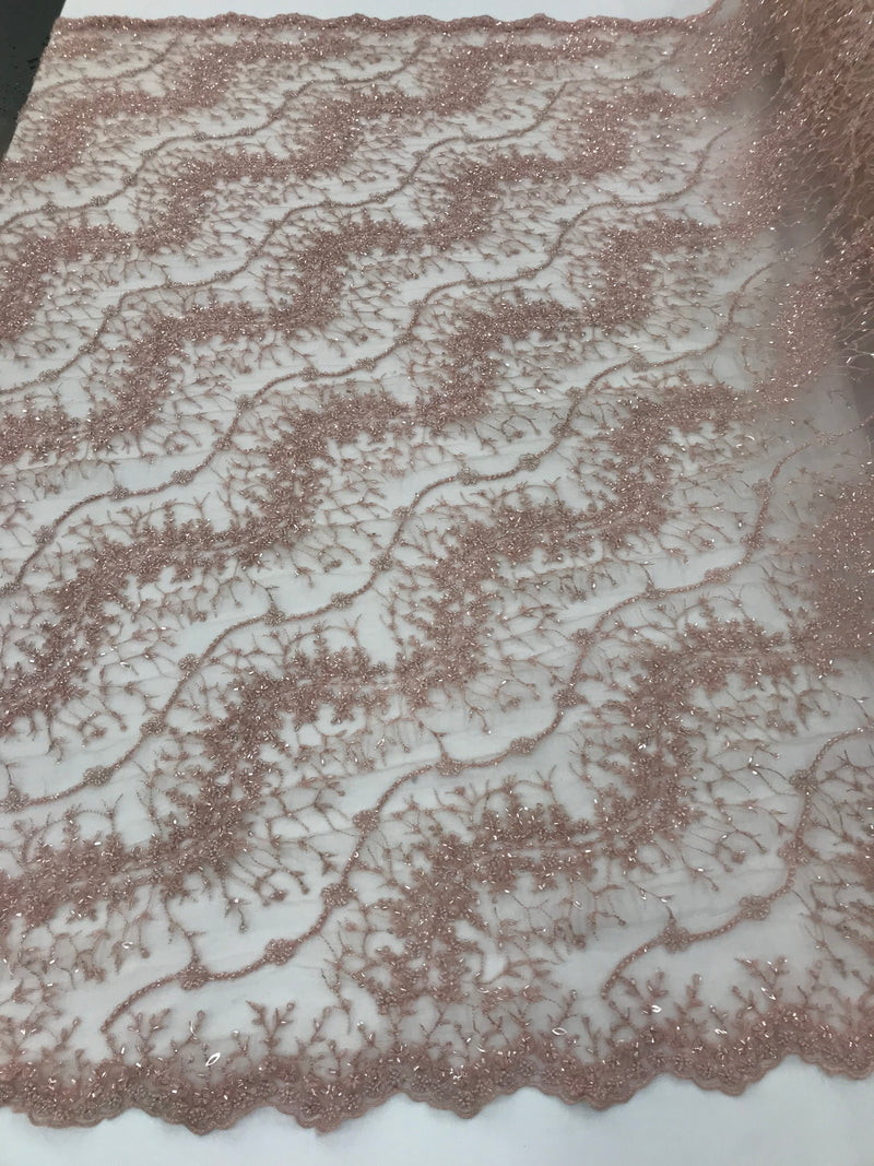 Blush - Beaded Embroidery Wavy Flower Pattern Fabric Lace Elegant Dress Fabric By The Yard