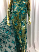 3D Embroided Flower Pattern Fabric with Two Tone Leaf Color Teal - Elegant 3D Flowers By The Yard
