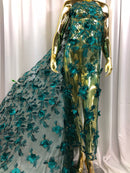 3D Embroided Flower Pattern Fabric with Two Tone Leaf Color Teal - Elegant 3D Flowers By The Yard