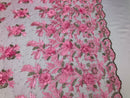 3D Embroided Flower Pattern Fabric with Two Tone Leaf Color - Pink - Elegant 3D Flowers By The Yard