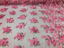 3D Embroided Flower Pattern Fabric with Two Tone Leaf Color - Pink - Elegant 3D Flowers By The Yard