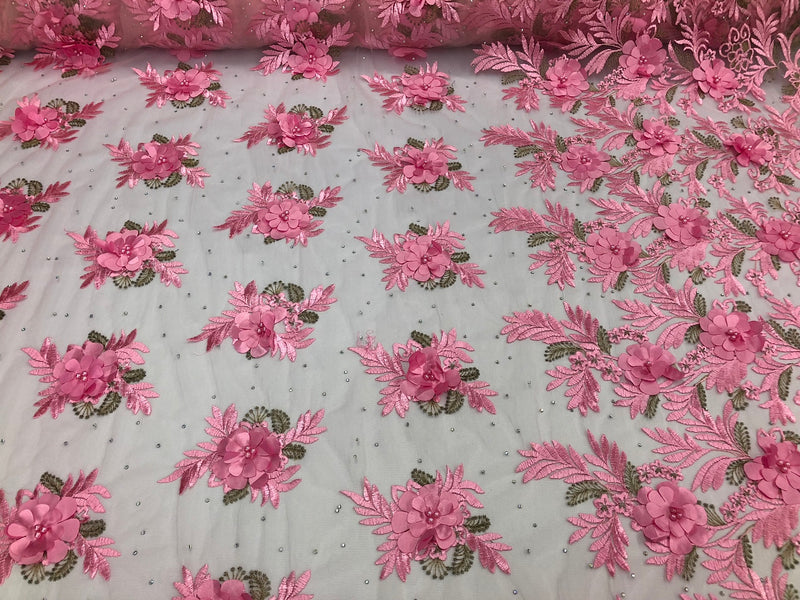3D Embroided Flower Pattern Fabric with Two Tone Leaf Color - Pink - Elegant 3D Flowers By The Yard