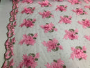 3D Embroided Flower Pattern Fabric with Two Tone Leaf Color - Pink - Elegant 3D Flowers By The Yard
