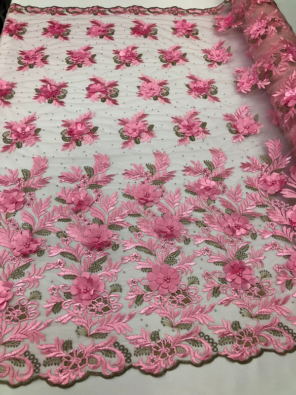 3D Embroided Flower Pattern Fabric with Two Tone Leaf Color - Pink - Elegant 3D Flowers By The Yard