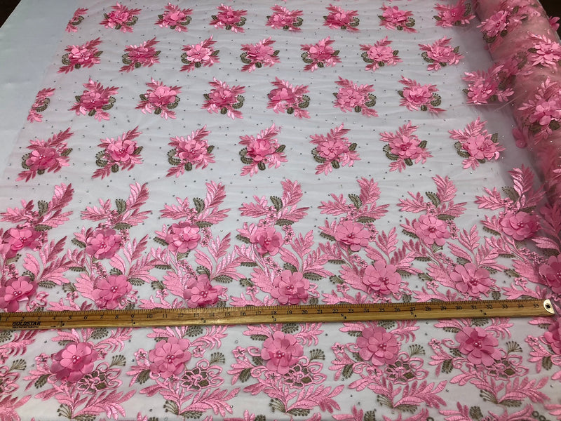 3D Embroided Flower Pattern Fabric with Two Tone Leaf Color - Pink - Elegant 3D Flowers By The Yard