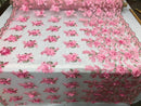 3D Embroided Flower Pattern Fabric with Two Tone Leaf Color - Pink - Elegant 3D Flowers By The Yard