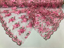 3D Embroided Flower Pattern Fabric with Two Tone Leaf Color - Pink - Elegant 3D Flowers By The Yard