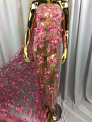 3D Embroided Flower Pattern Fabric with Two Tone Leaf Color - Pink - Elegant 3D Flowers By The Yard
